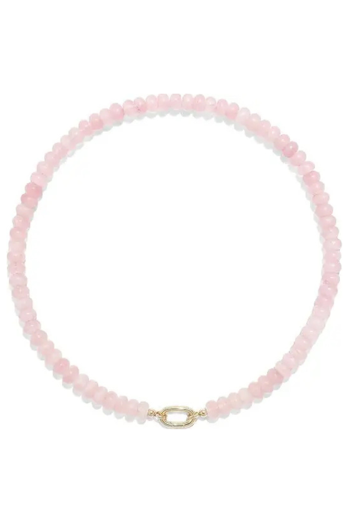 A delicate pink beaded necklace with a small gold clasp, displayed on a clean white background.