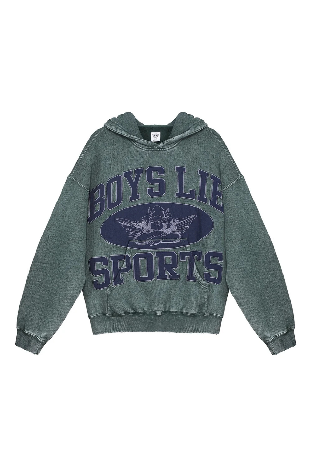 A washed dark green hooded sweatshirt with a navy blue graphic reading 'BOYS LIE SPORTS' and a mascot logo on the front, displayed against a plain white background.