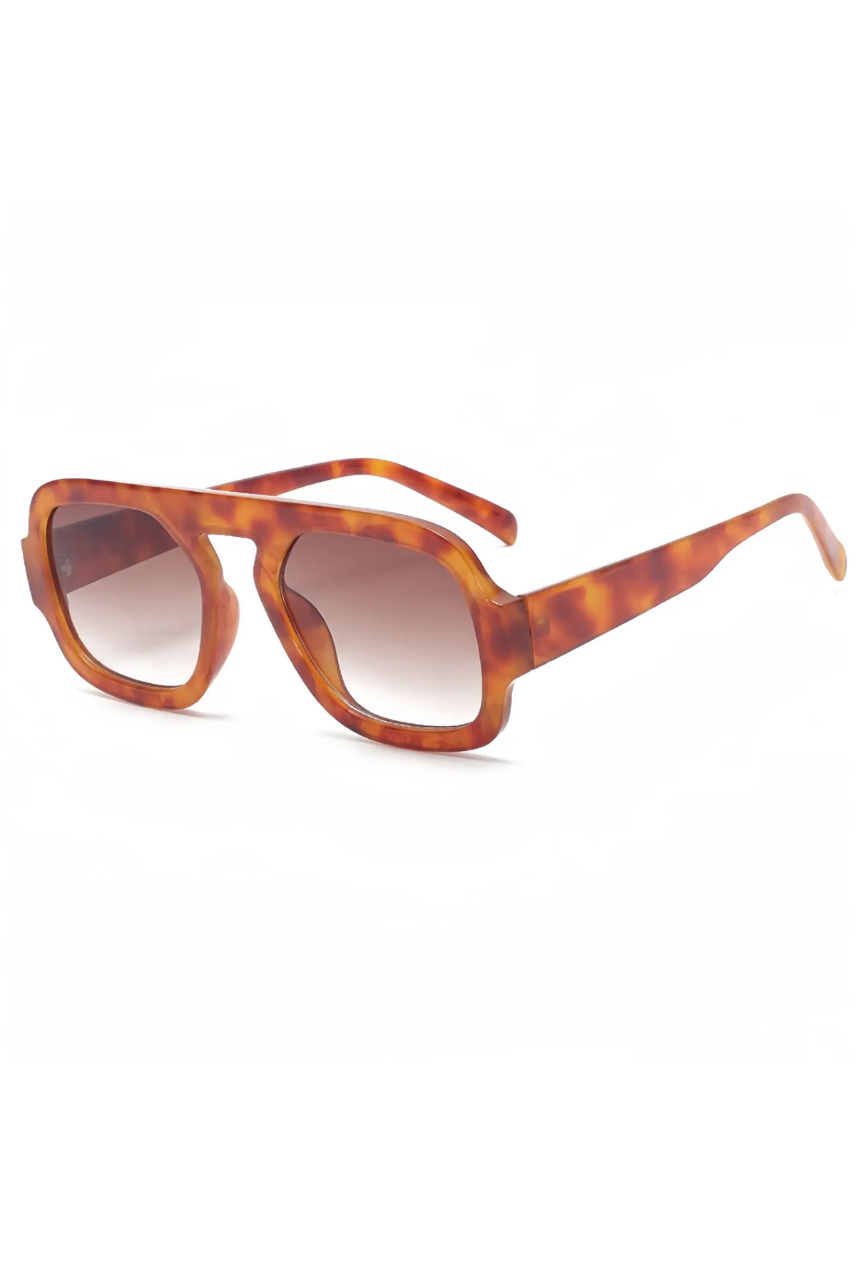 Square aviator-style sunglasses with a translucent tortoiseshell frame and gradient brown lenses, shown on a plain white background.