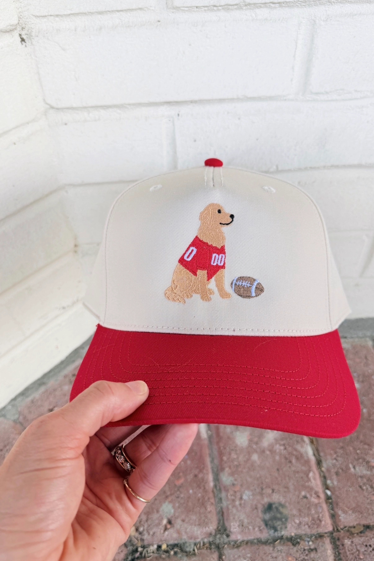 red game day hat with golden retriever at jcole shoes tulsa