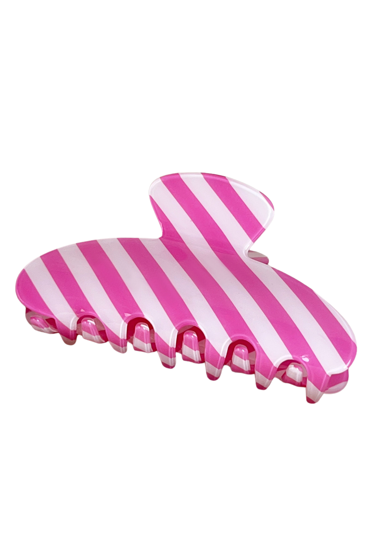 A pink and white striped hair claw clip on a solid white background.