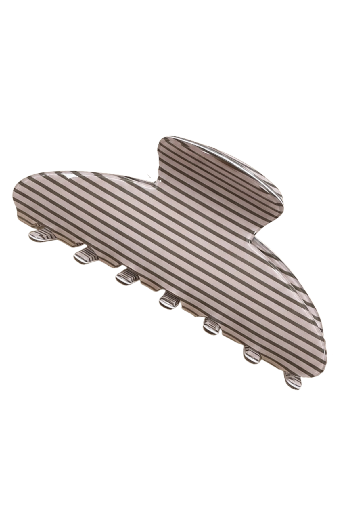 A large hair claw clip with a glossy finish, featuring a pattern of thin brown and beige horizontal stripes, shown on a plain white background.