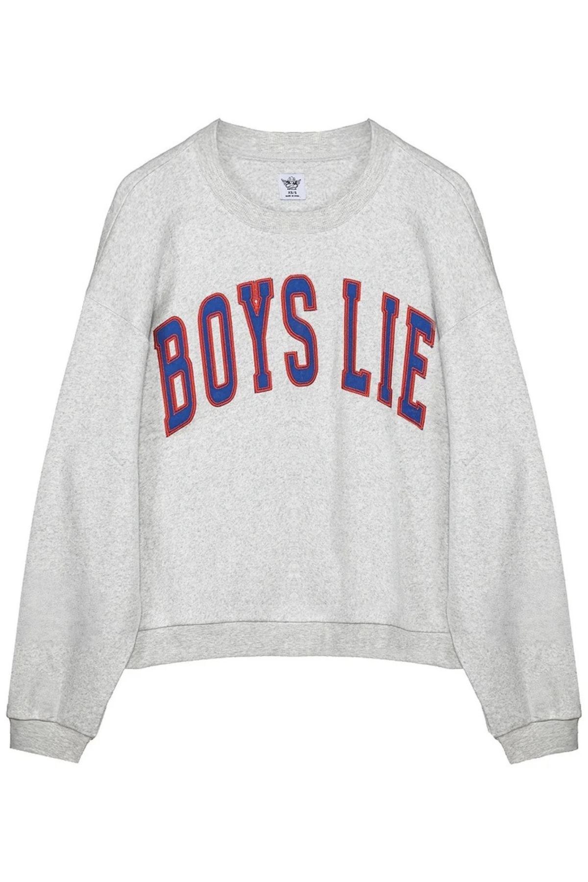 A light heather gray crewneck sweatshirt featuring the phrase 'BOYS LIE' printed across the chest in arched varsity-style block letters with a red outline and blue fill.