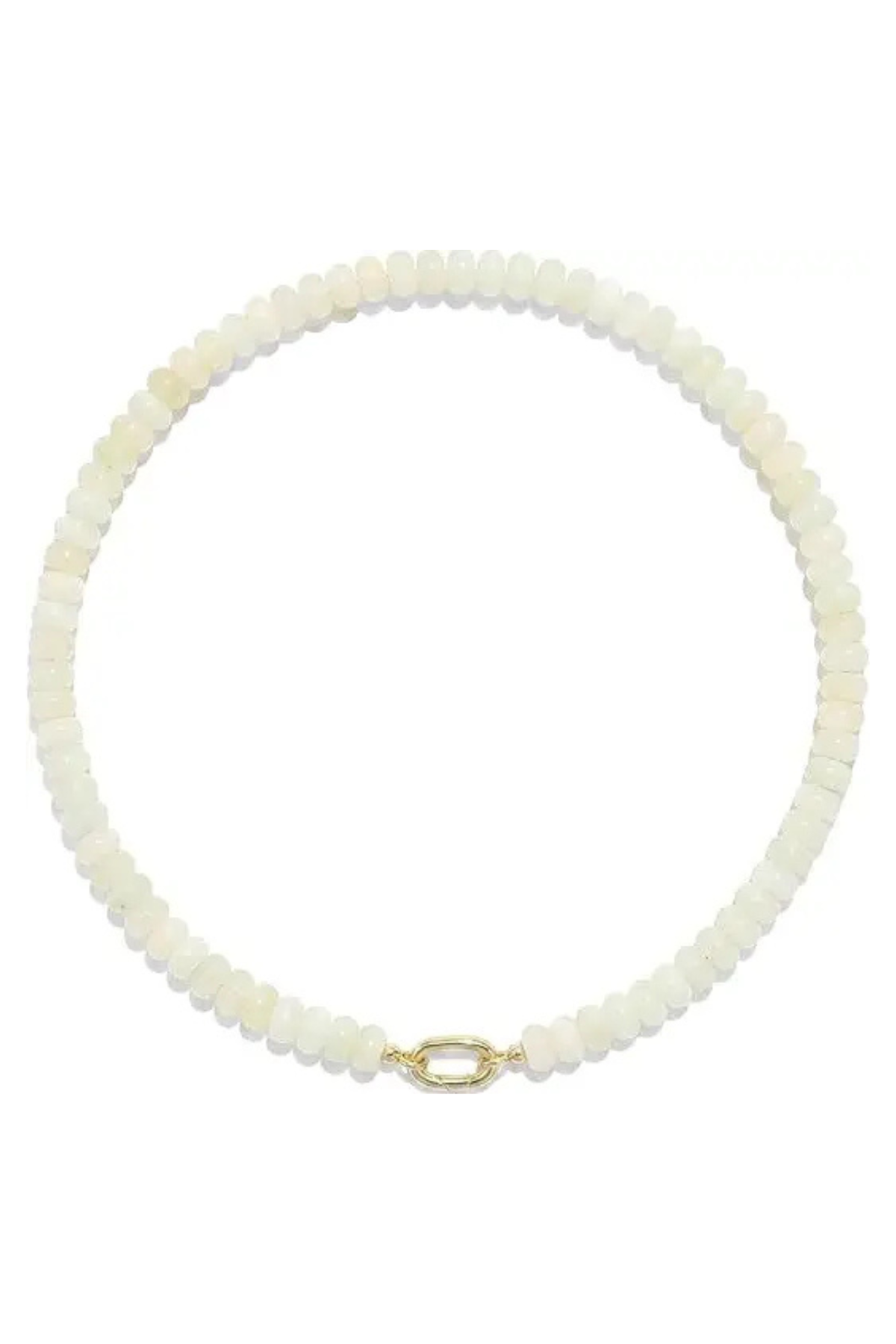 A beaded necklace made of small, round, off-white beads with a polished gold oval link clasp, displayed on a clean white background.