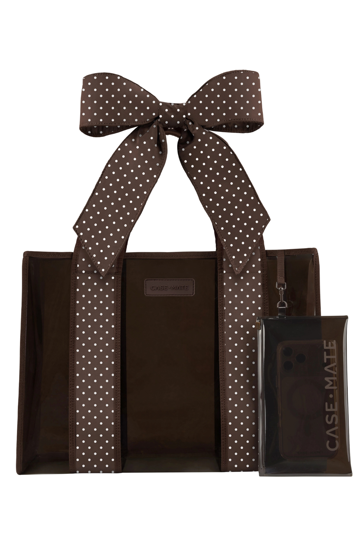 A brown tote bag with white polka-dot handles, shown with a matching clear phone pouch branded CASE-MATE on a white background.