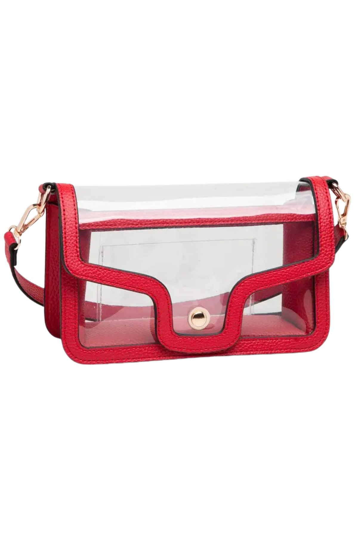 A clear plastic pouch bag with a bright red faux-leather trim and strap, featuring a gold-tone snap button closure on a white background.