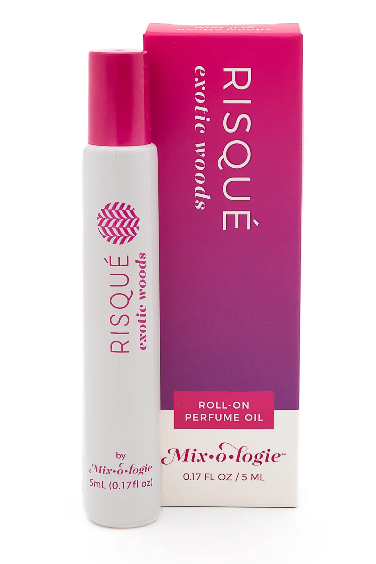 A bottle of Risqué Exotic Woods roll-on perfume oil next to its magenta and white packaging box, on a clean white background.