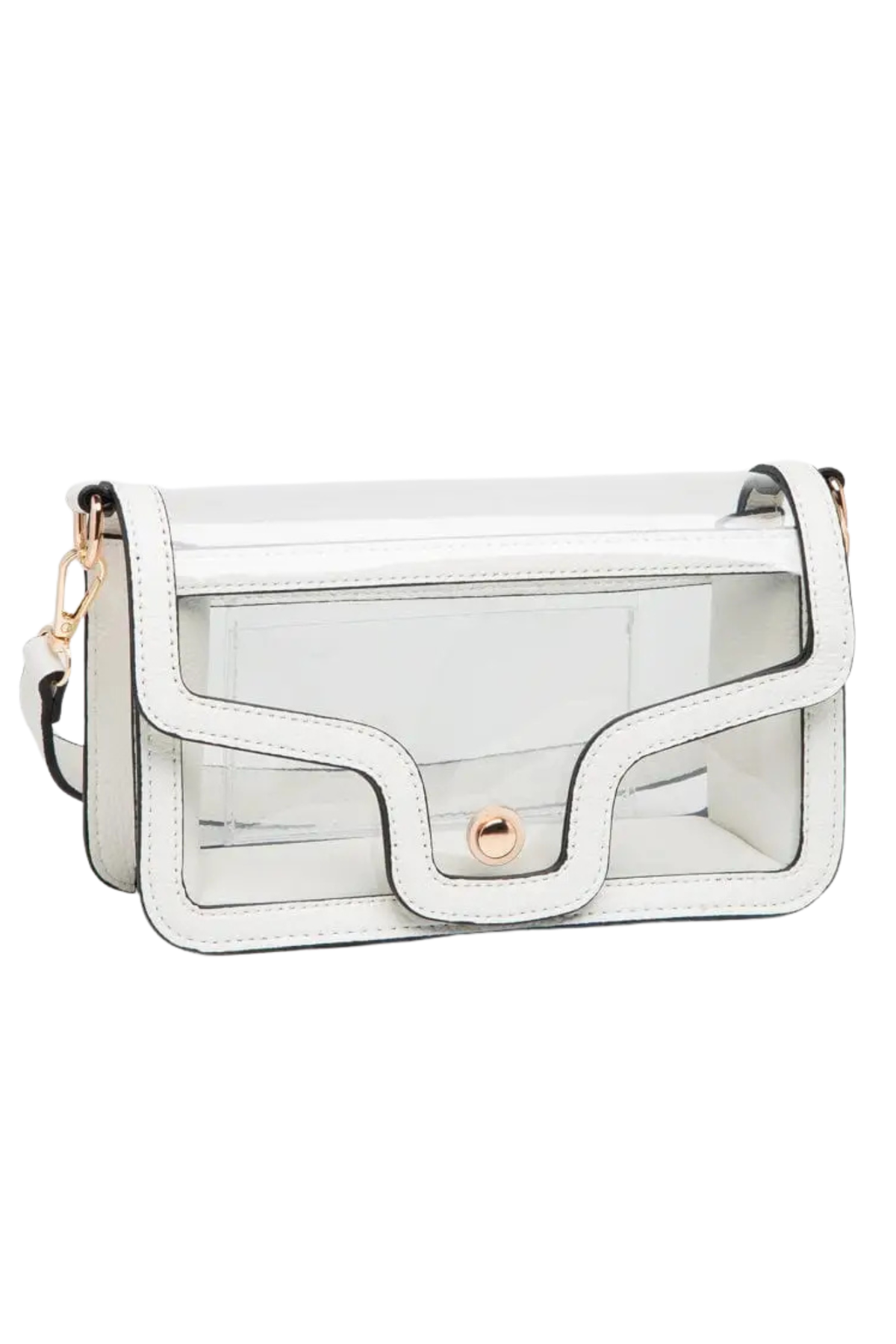 A white faux-leather crossbody bag with a clear transparent front flap and gold-tone hardware, shown on a plain white background.