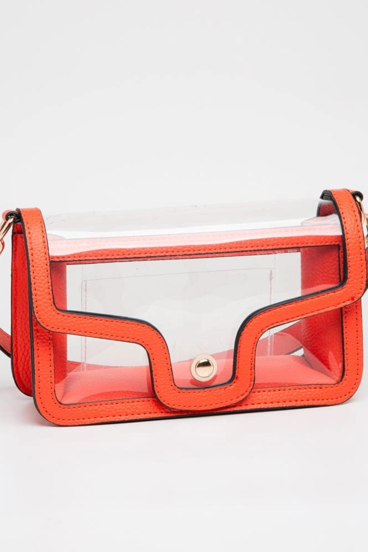 A bright orange transparent pouch bag with clear plastic front panels and orange faux-leather trim, shown on a clean white background.