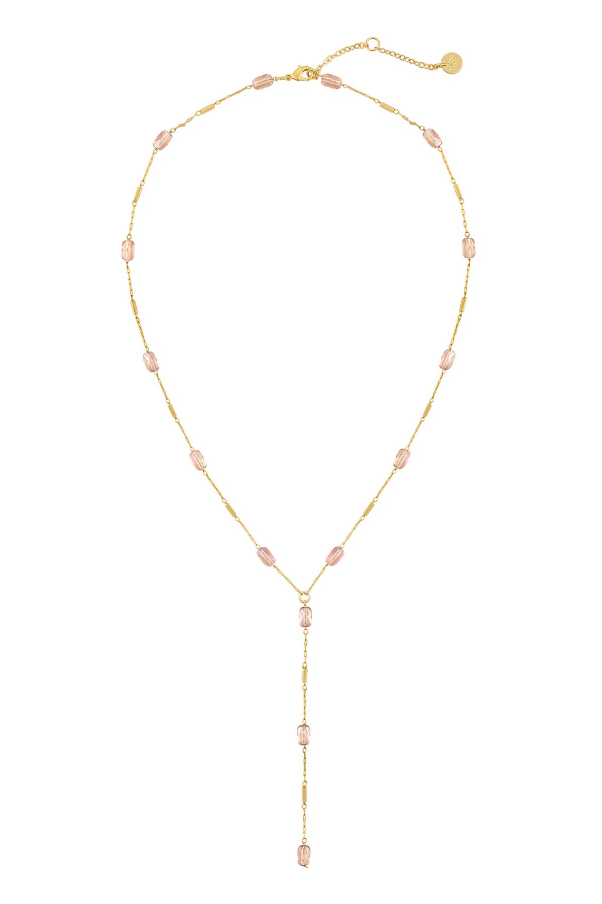 A delicate gold Y-necklace featuring small, evenly spaced light pink oval beads, displayed on a clean white background.