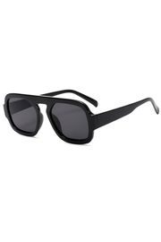 Black square aviator-style sunglasses with dark lenses and thin temples, shown on a plain white background.