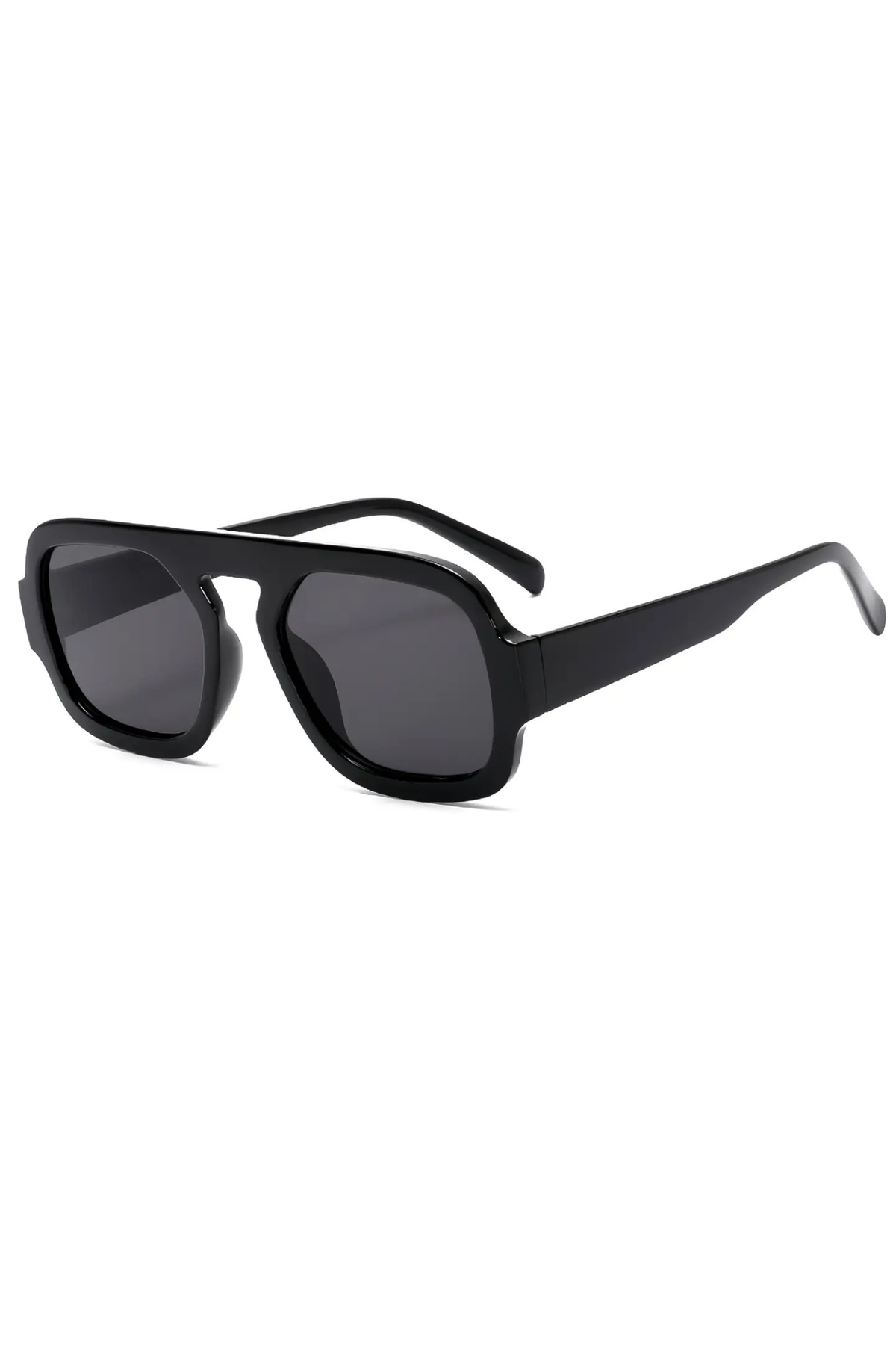 Black square aviator-style sunglasses with dark lenses and thin temples, shown on a plain white background.