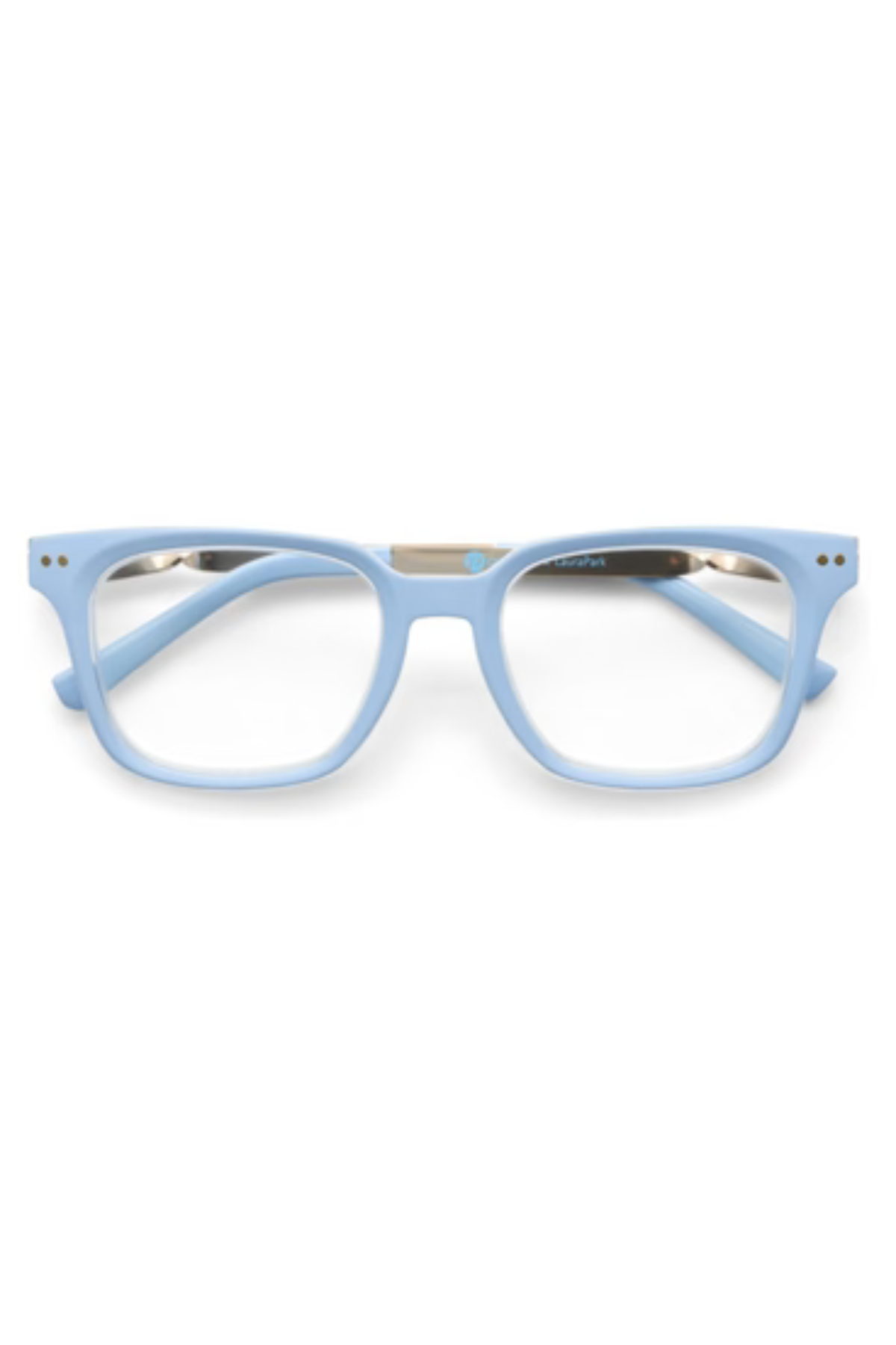 Light blue rectangular eyeglasses with clear lenses and a gold metal bridge, shown against a plain white background.