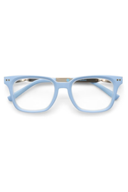 Light blue rectangular eyeglasses with clear lenses and a gold metal bridge, shown against a plain white background.