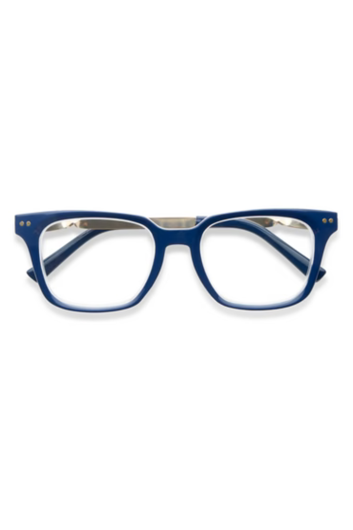 A pair of blue acetate eyeglasses with a classic rectangular shape, featuring a thin silver metal bridge and gold rivets on the temples, shown against a plain white background.