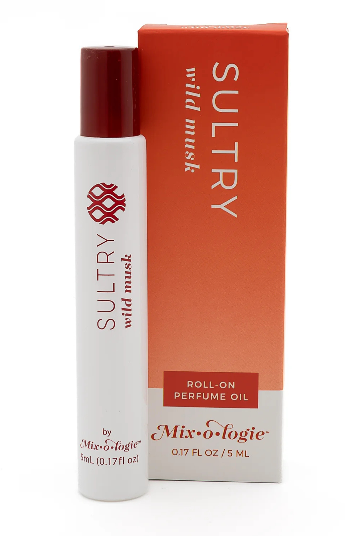 A white roll-on perfume oil bottle with a dark red cap stands next to its orange and white packaging box. The brand names 'Mix-o-logie' and 'Sultry wild musk' are clearly visible on both the bottle and the box.