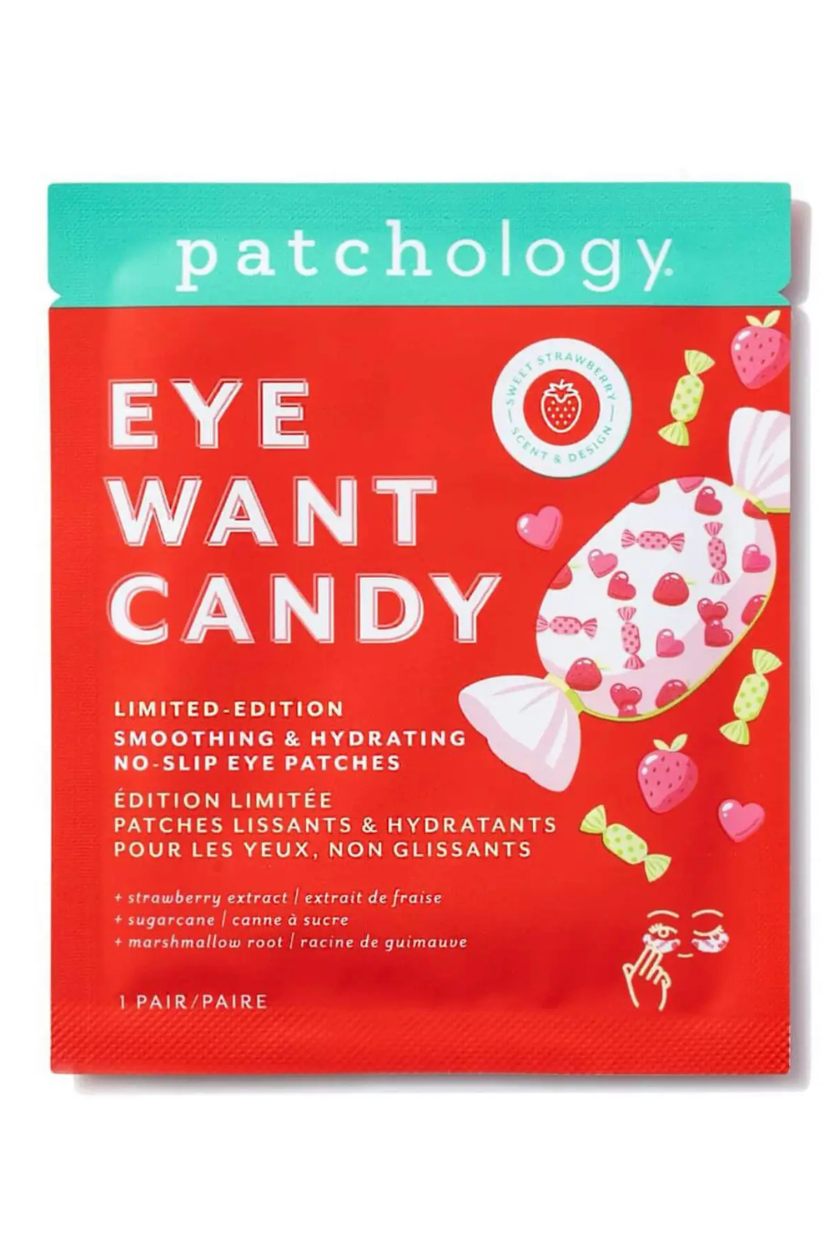 Patchology Eye Want Candy limited edition eye patches in a red and teal package with illustrations of strawberries, candies, and a white lollipop.
