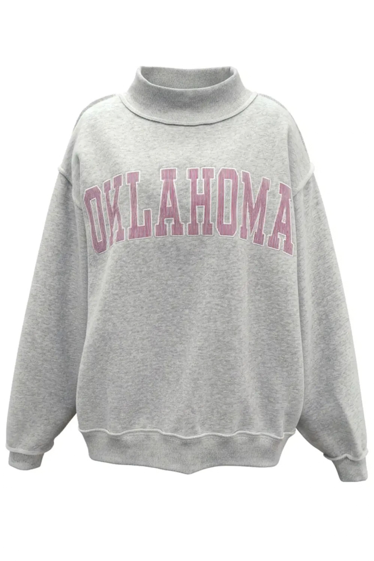 A light gray heather sweatshirt with a mock neck collar and 'OKLAHOMA' printed in pink arched block letters across the chest, displayed on a clean white background.