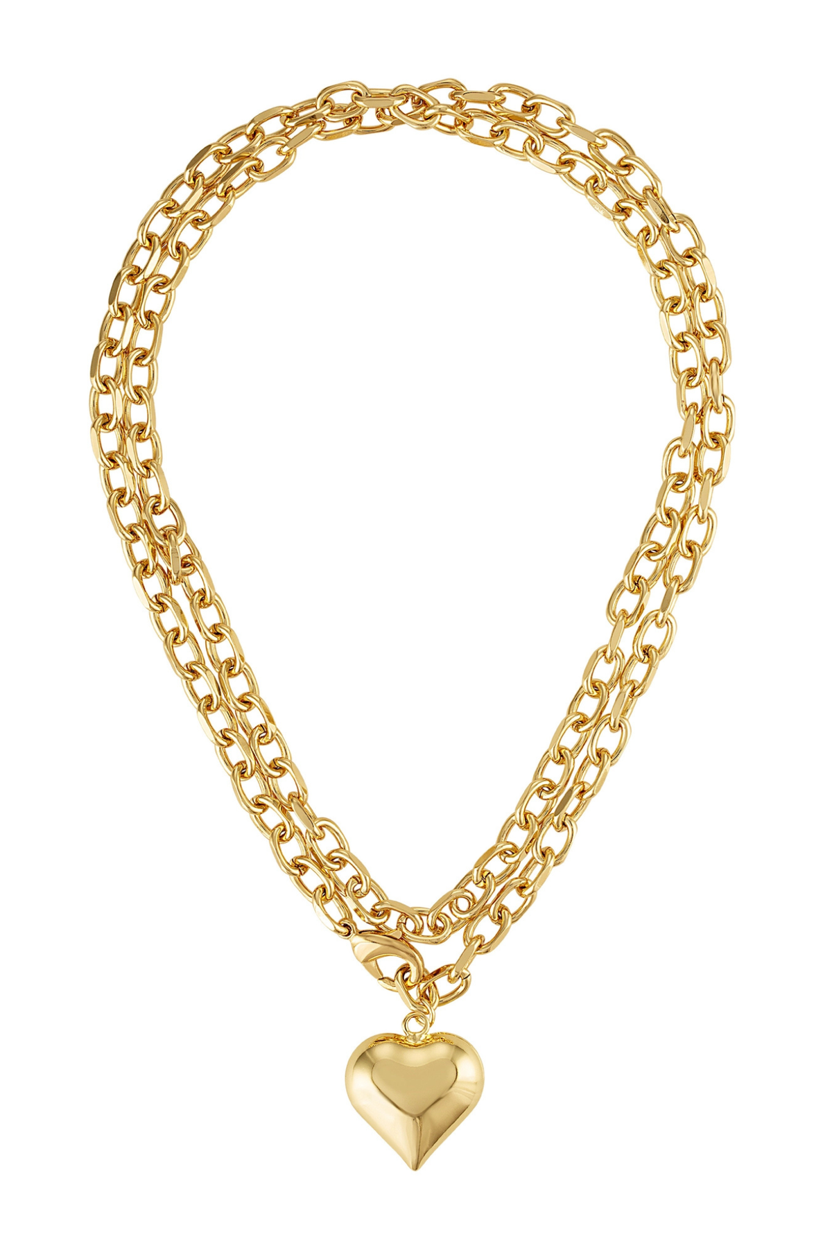 A double-layered gold chain necklace with a polished gold heart pendant, displayed on a clean white background.
