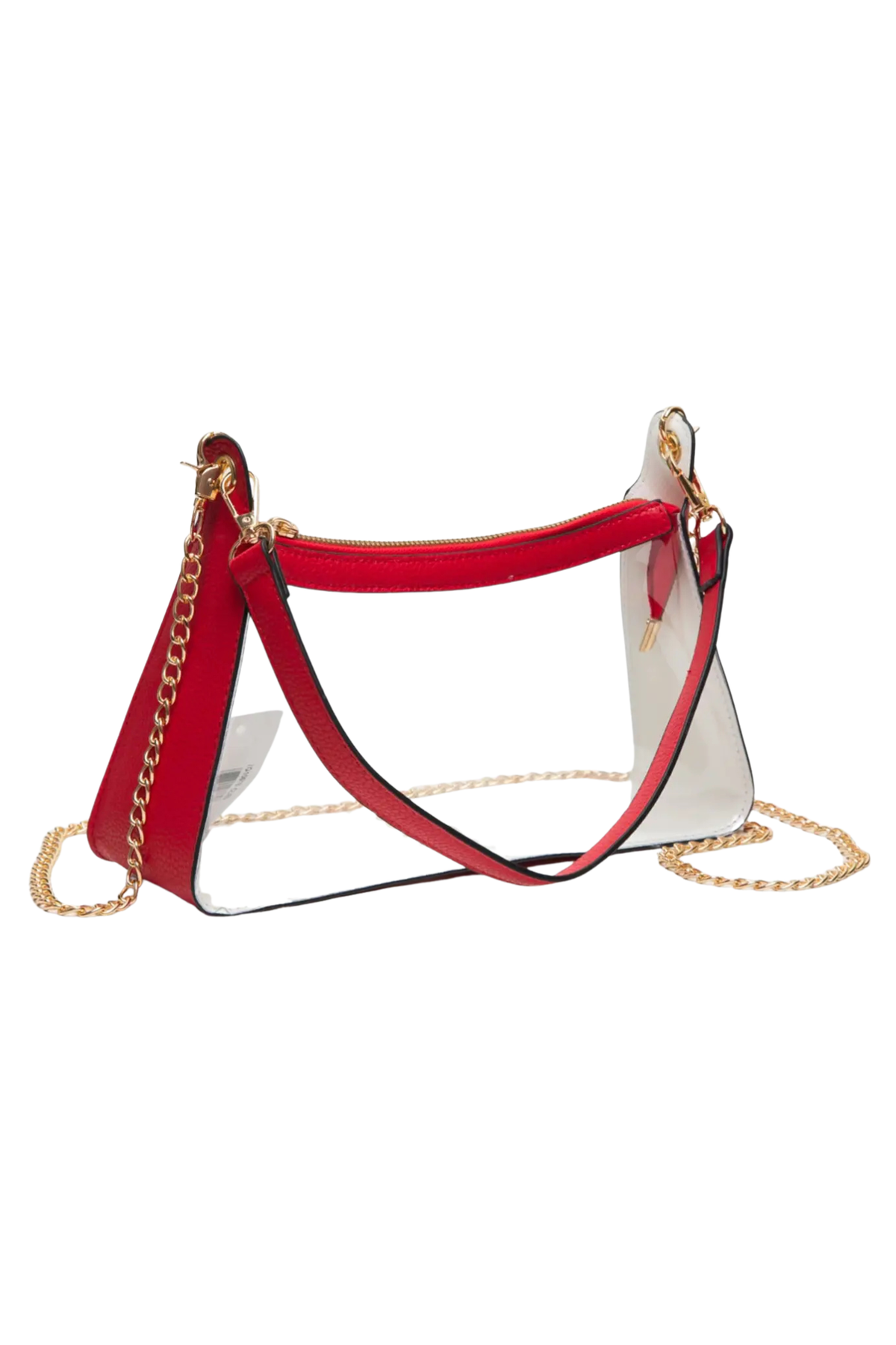 A clear plastic shoulder bag with a red leather top trim, red leather side panels, a red shoulder strap, and a gold chain strap, shown on a plain white background.