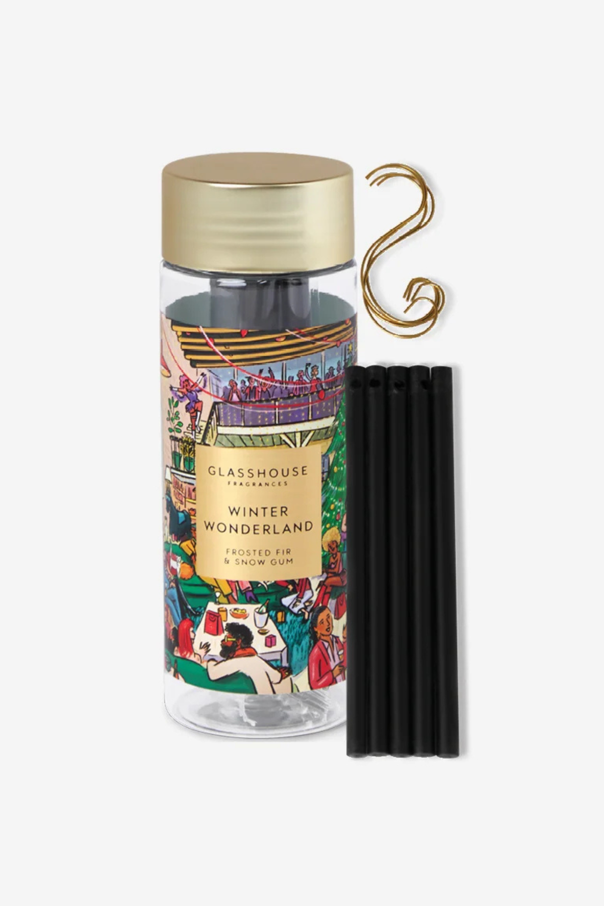 A clear glass jar with a gold lid and a colorful illustrated label reading 'Glasshouse Chocolates Winter Wonderland', shown with five black straws and a gold S-shaped scoop on a light gray background.