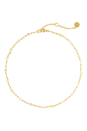 A delicate gold chain anklet featuring small pastel-colored flower charms in pink, green, and blue, displayed on a clean white background.