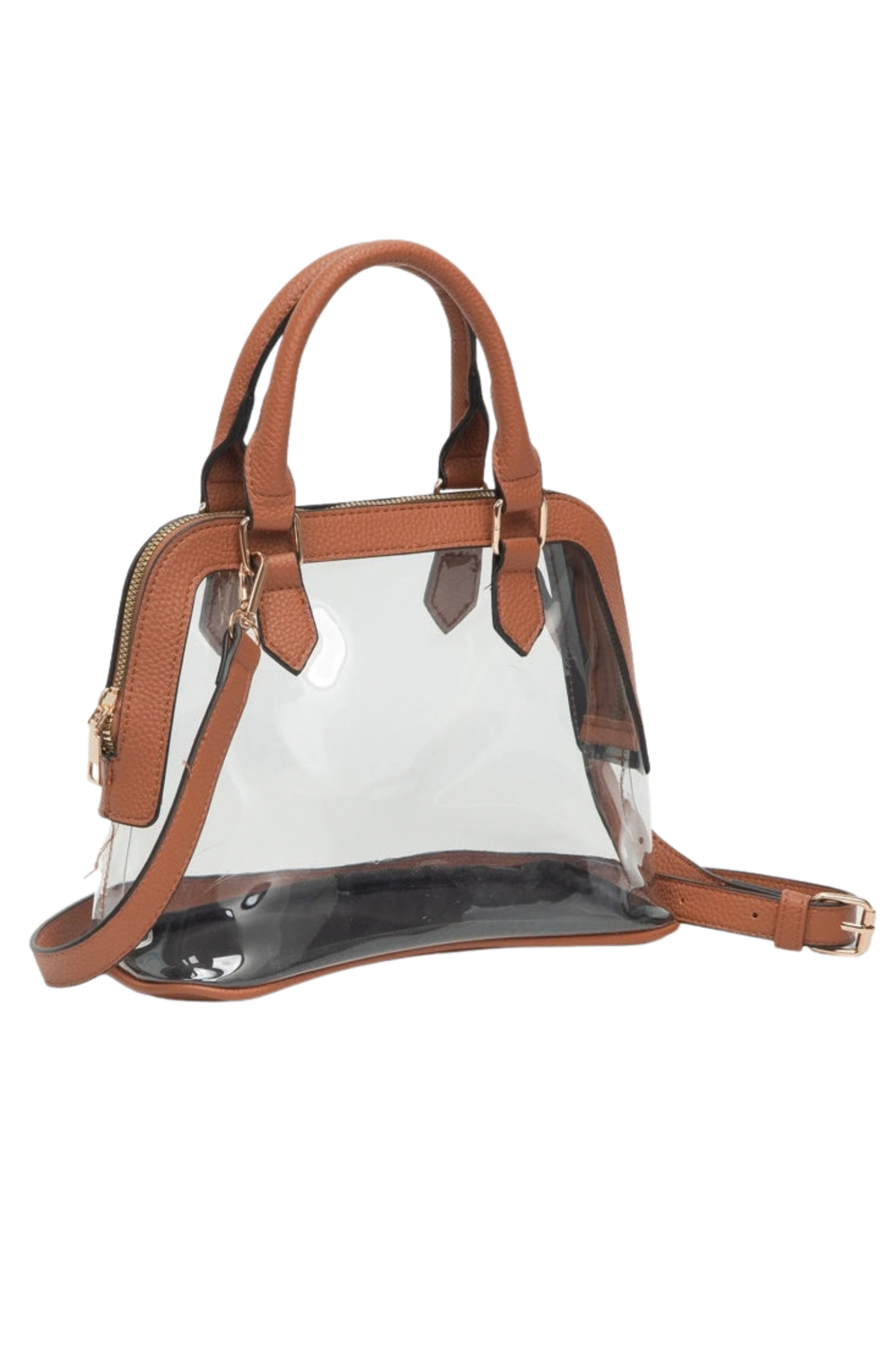 A clear plastic handbag with brown faux-leather handles, trim, and a detachable shoulder strap, shown on a plain white background.