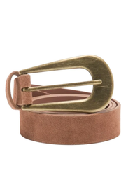 A brown suede belt with a large, antique brass buckle, coiled on a plain white background.