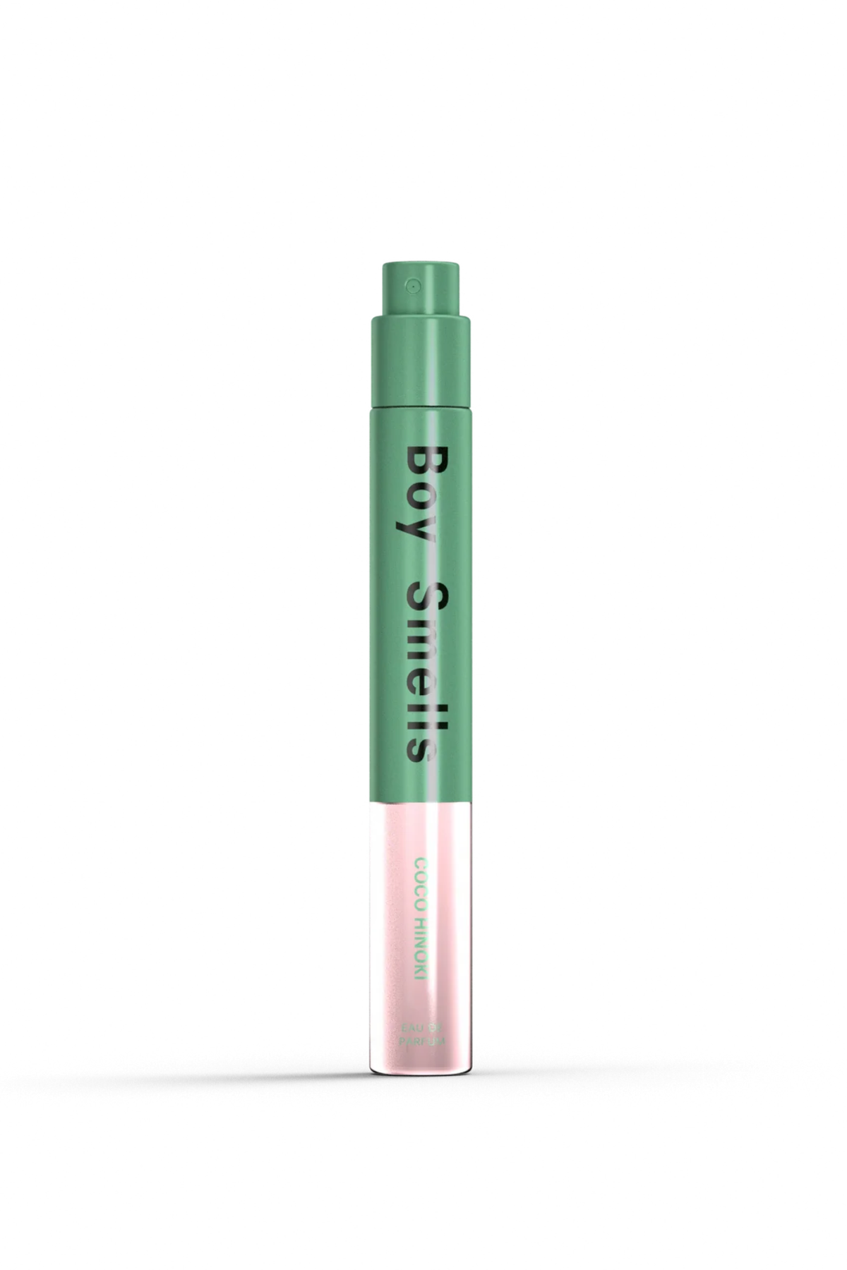 A single cosmetic stick product, likely a lip gloss or contour stick, standing upright on a white background. The cap and upper barrel are mint green with black vertical text reading 'Boy Smelts'.