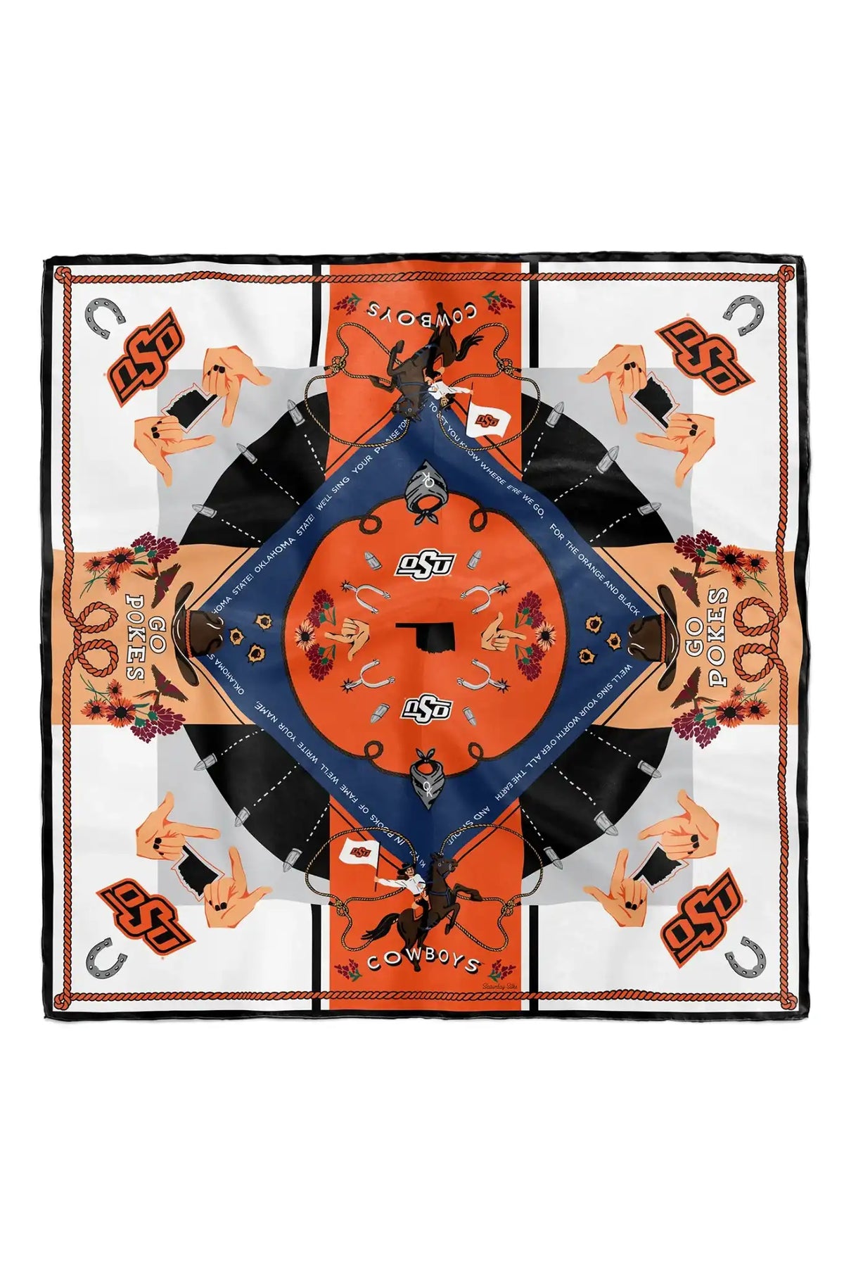 A square silk scarf featuring a symmetrical, kaleidoscopic design with the Oklahoma Sooners theme. The design includes the Oklahoma 'OSU' logo, cowboy boots, horseshoes, and a central blue diamond on an orange and white background.