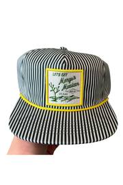 A black and white vertically striped snapback cap held by a hand, featuring a front patch that reads 'LET'S GET Mengo's Mexican Texas' with green text and illustration on a white background.