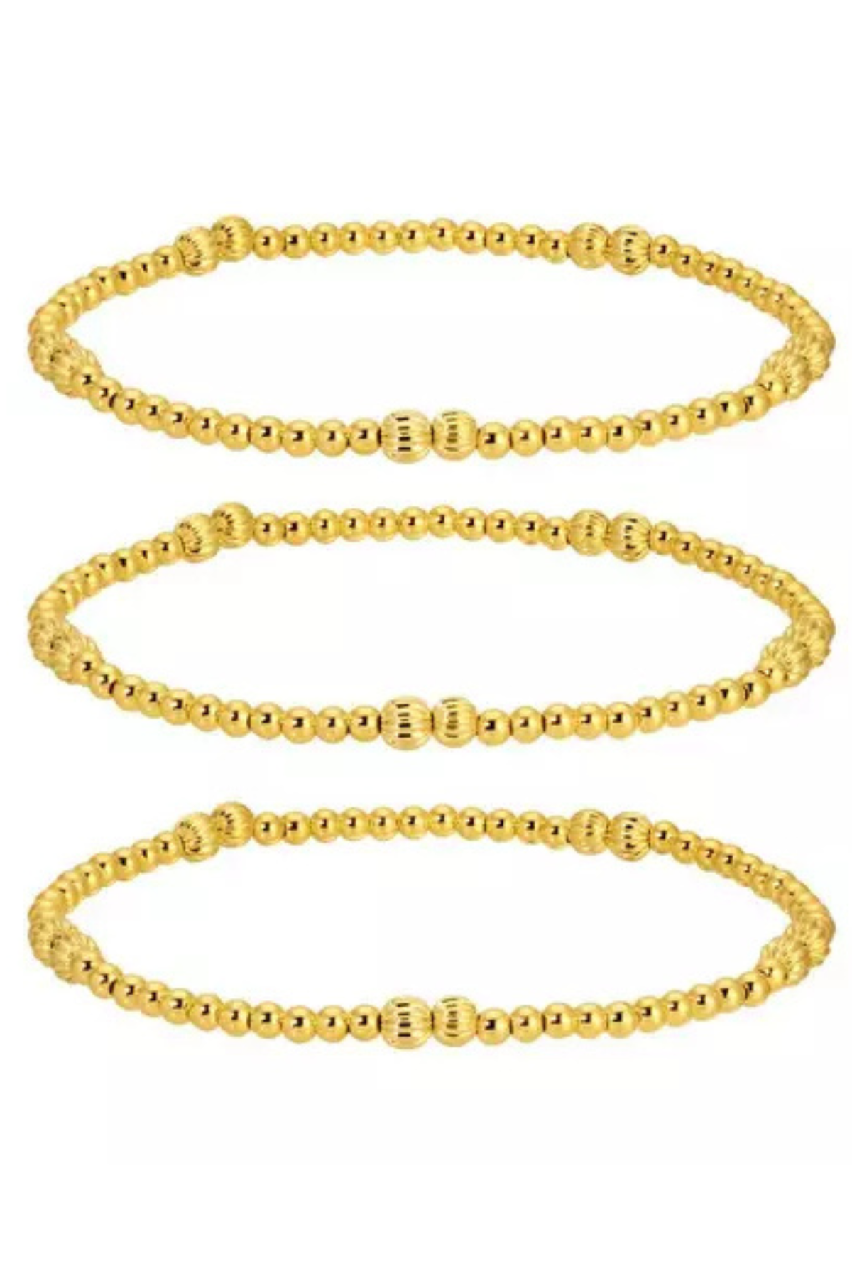 Three gold beaded stretch bangles stacked vertically on a plain white background.