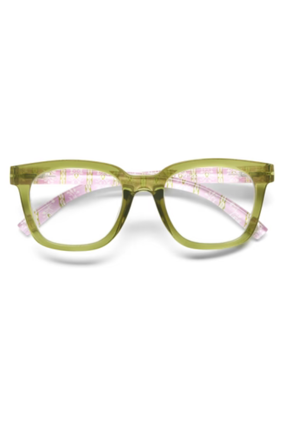A pair of chunky square eyeglasses with translucent olive green frames and pink patterned inner temples, shown against a plain white background.