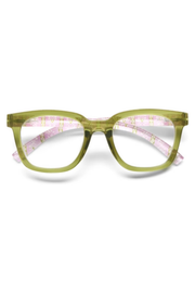 A pair of chunky square eyeglasses with translucent olive green frames and pink patterned inner temples, shown against a plain white background.