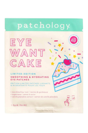 Patchology Eye Want Cake limited edition eye patches in a cream-colored pouch with a mint green header, featuring a pink and blue illustrated cake on the front.