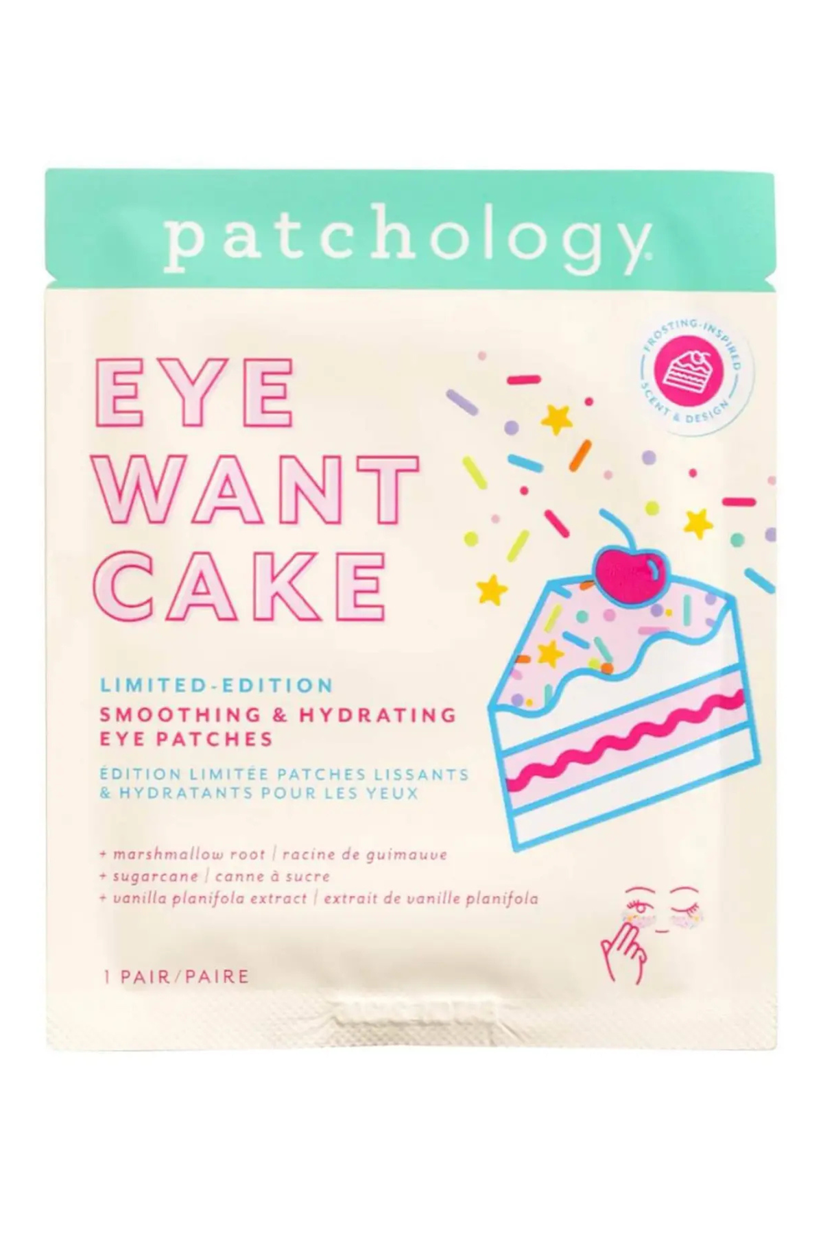 Patchology Eye Want Cake limited edition eye patches in a cream-colored pouch with a mint green header, featuring a pink and blue illustrated cake on the front.