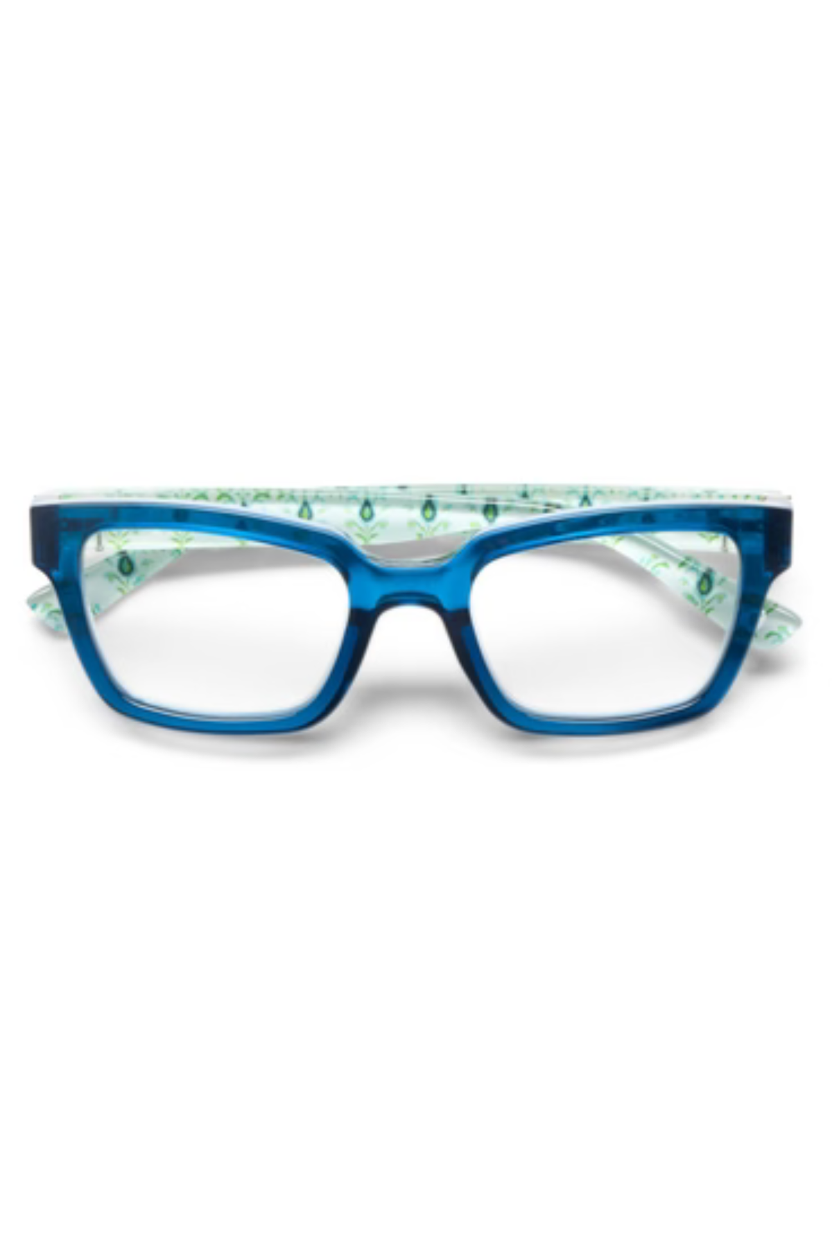 Blue acetate eyeglass frames with a clear plastic inner temple cover featuring a green pattern, shown against a plain white background.