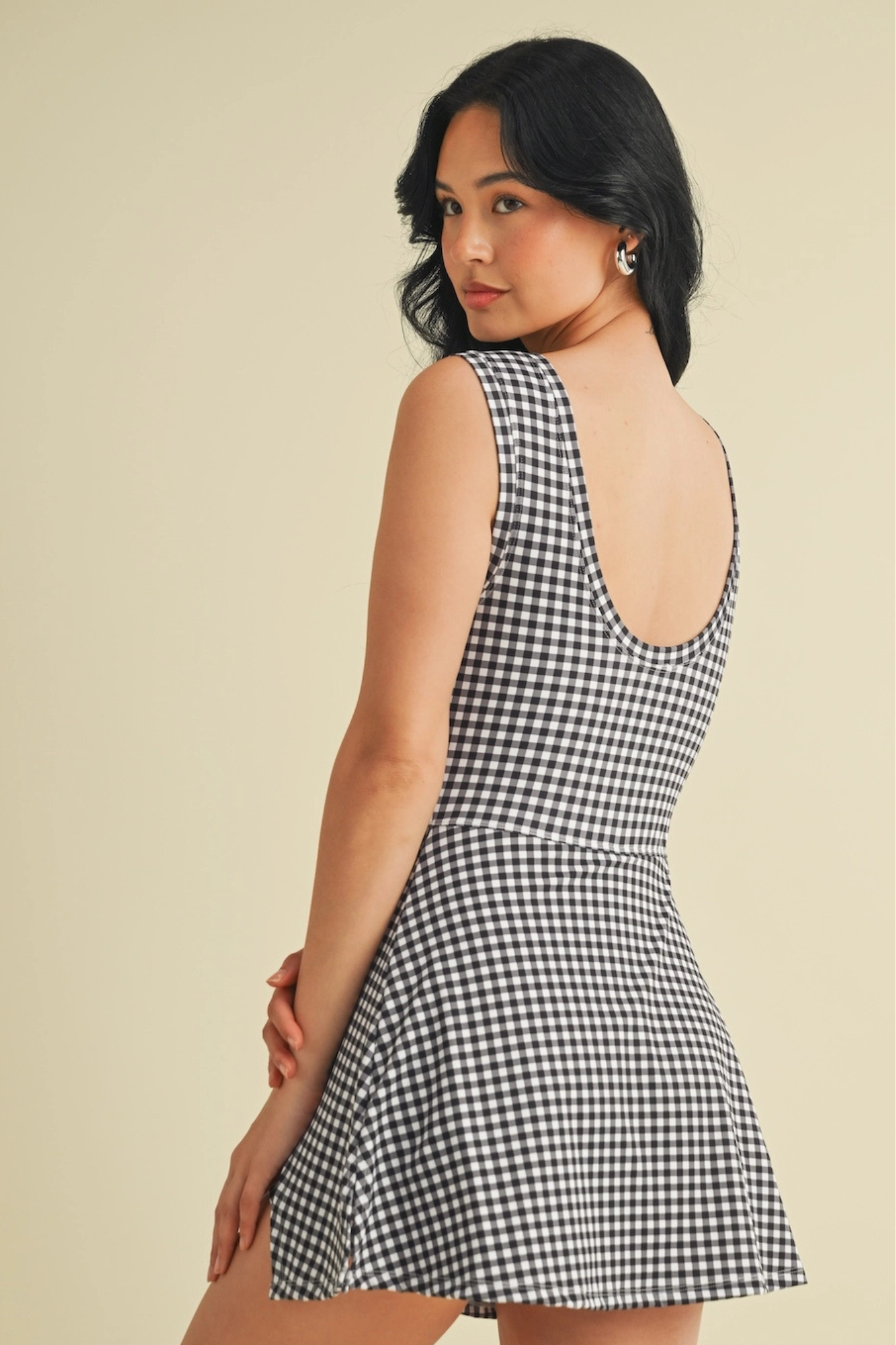 Gingham Sleeveless Wrap Tie Front Dress in Black