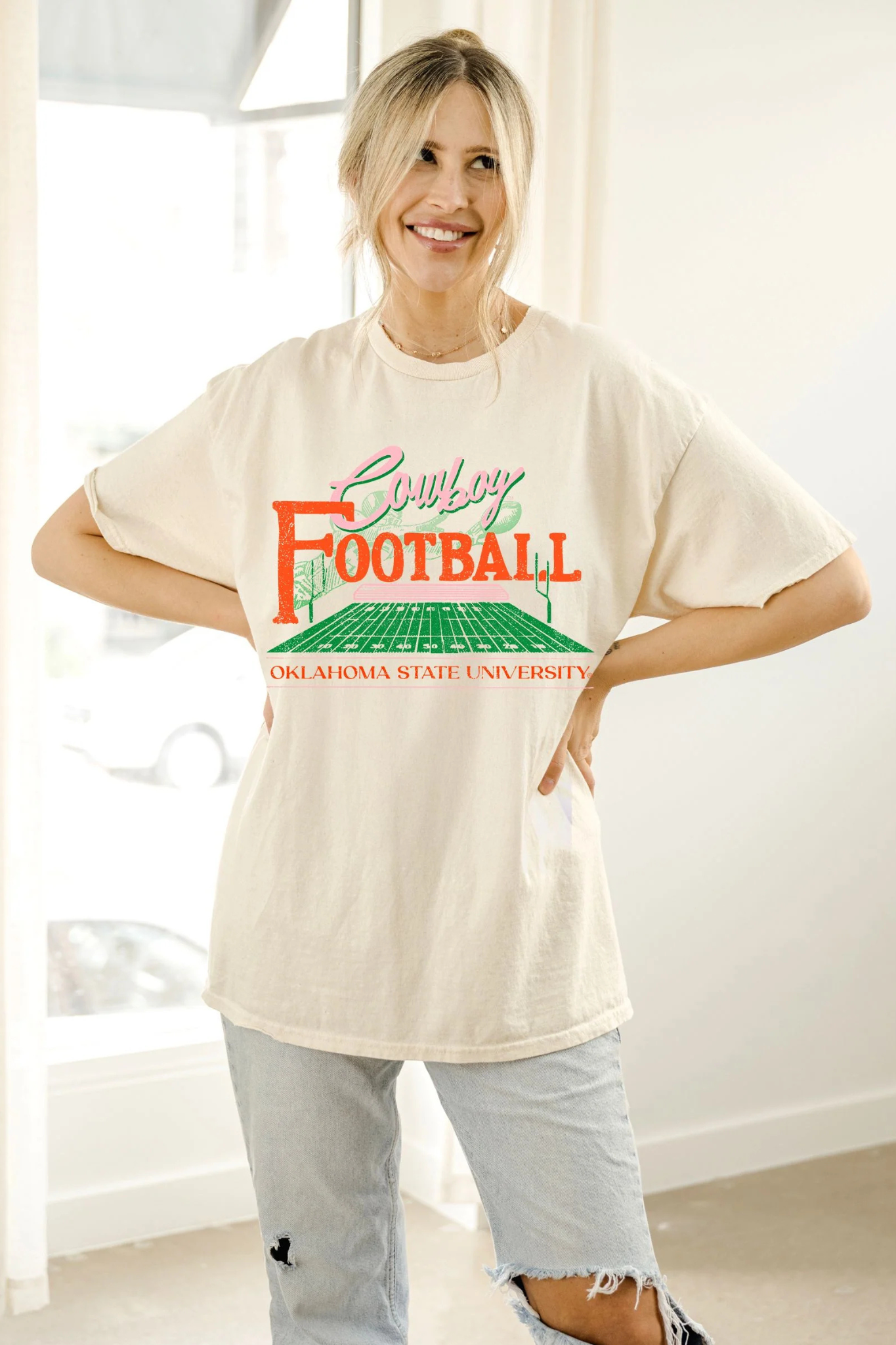 Livy Lu: OSU Cowboys Football Field Thrifted Tee in Off White