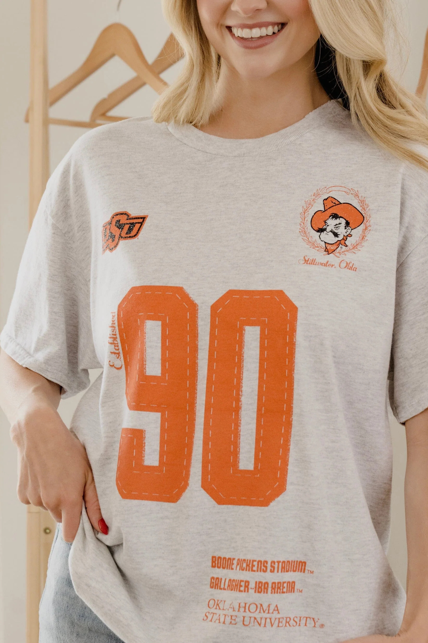 Livy Lu: OSU Cowboys Crest Stamp Thrifted Tee in Ash Gray