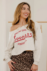 Livy Lu: OU Sooners Football Stencil Tie Off Shoulder Sweatshirt in Gray