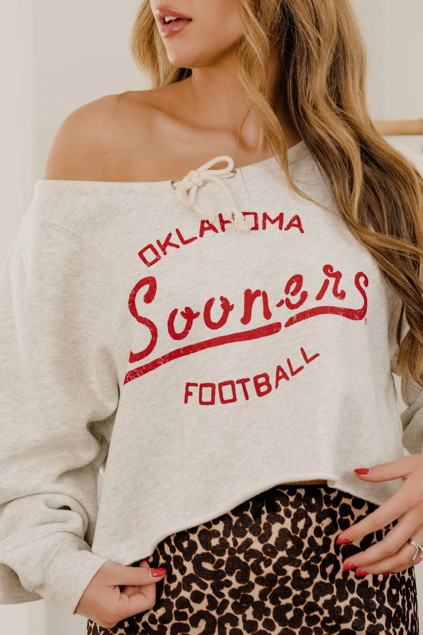 Livy Lu: OU Sooners Football Stencil Tie Off Shoulder Sweatshirt in Gray