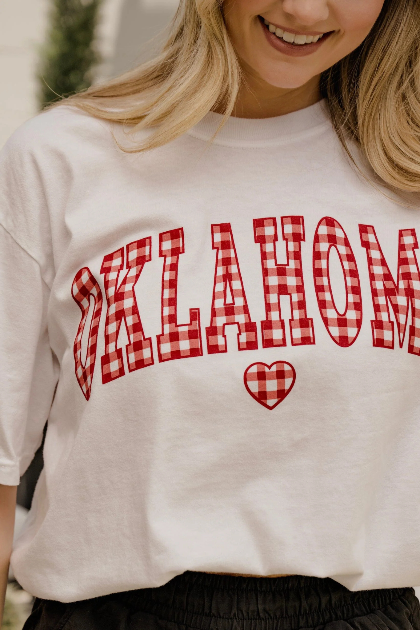 Livy Lu: OU Oklahoma Sooners Gingham Heart Comfort Tee in White