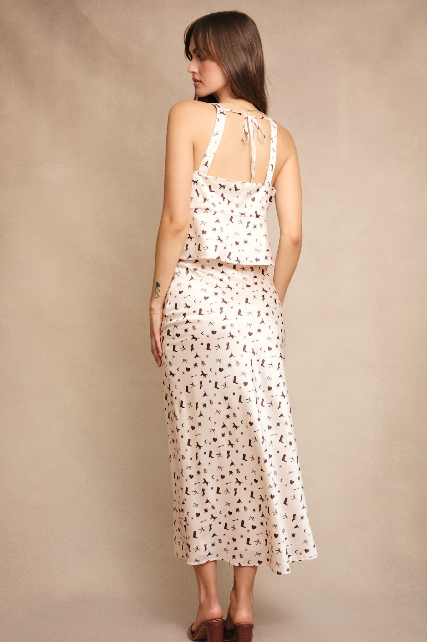 Darling Satin Top and Midi Skirt Set in Beige