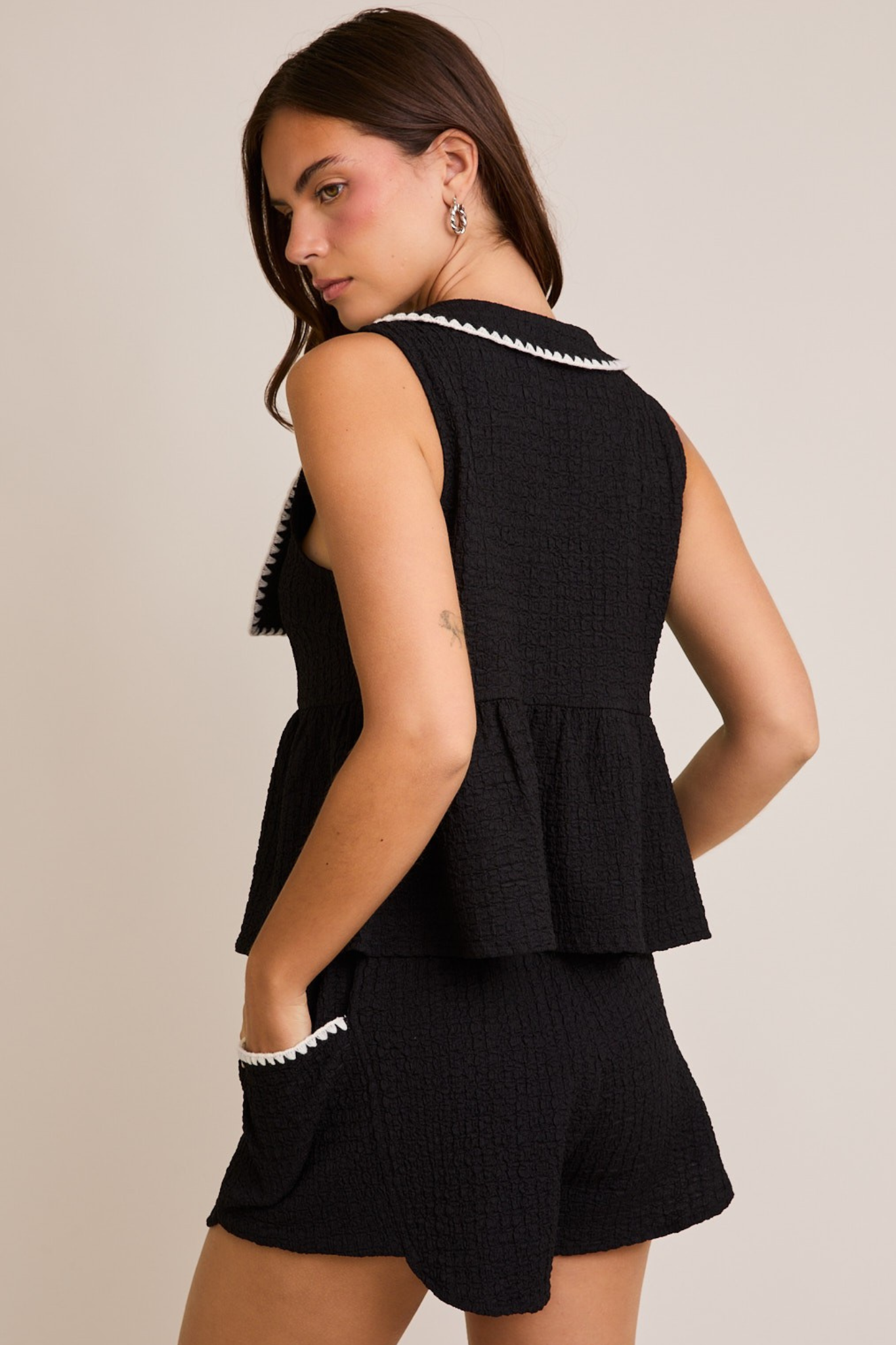 Stitched Vest and Drop Pocket Shorts Set in Black