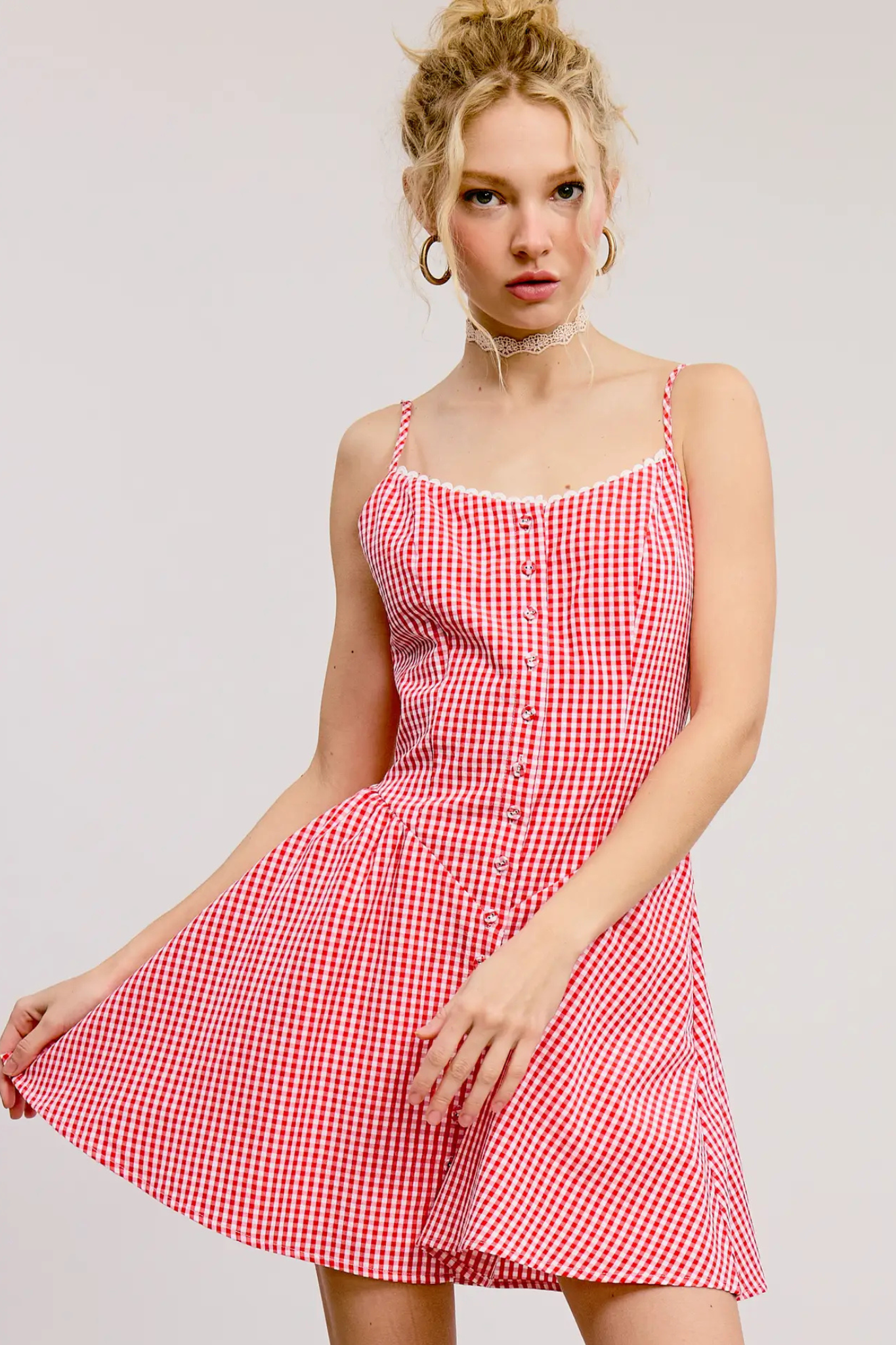 Gingham Lace Trim Mini Dress in Red