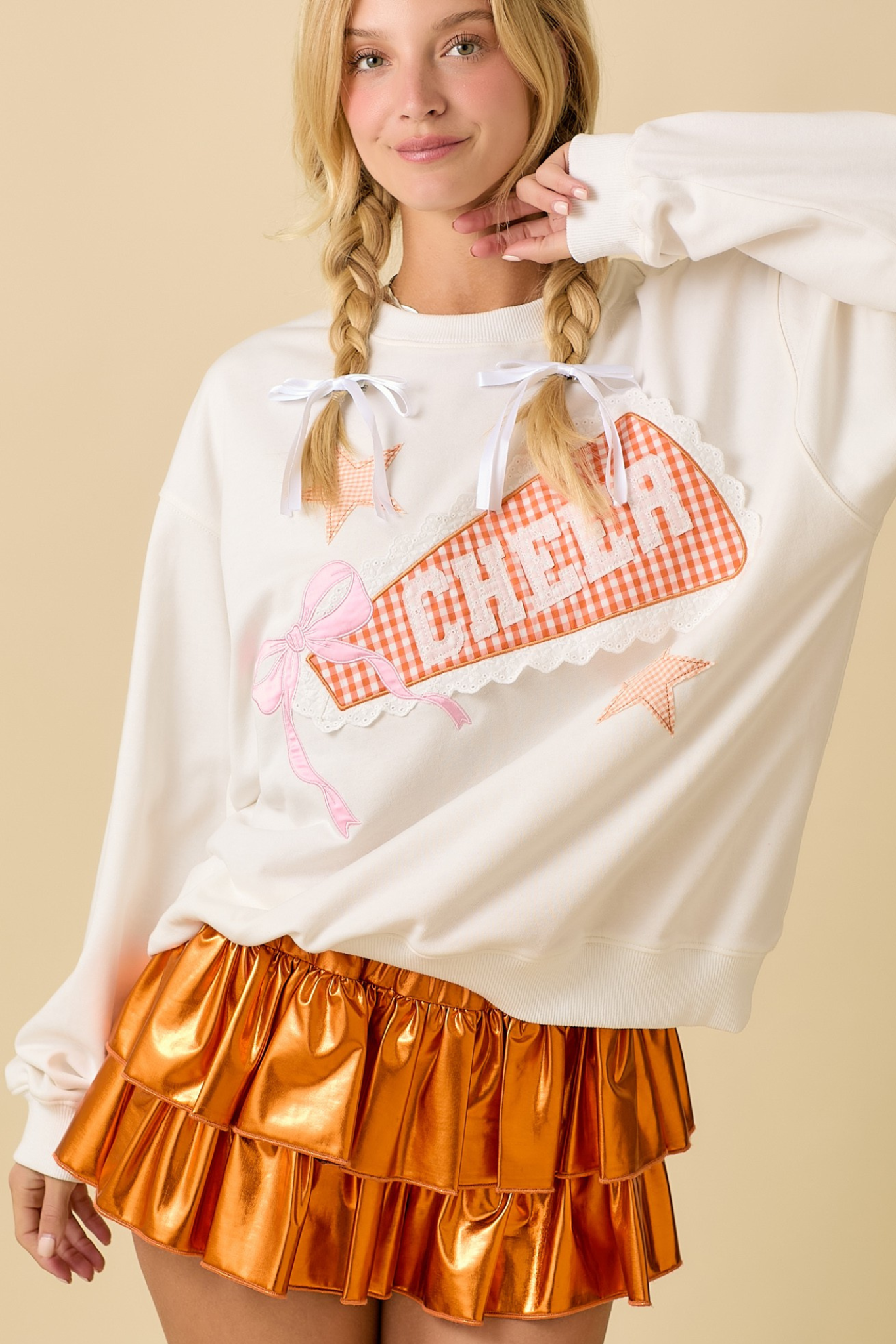 Main Strip: Cheer Patchwork Crewneck in White