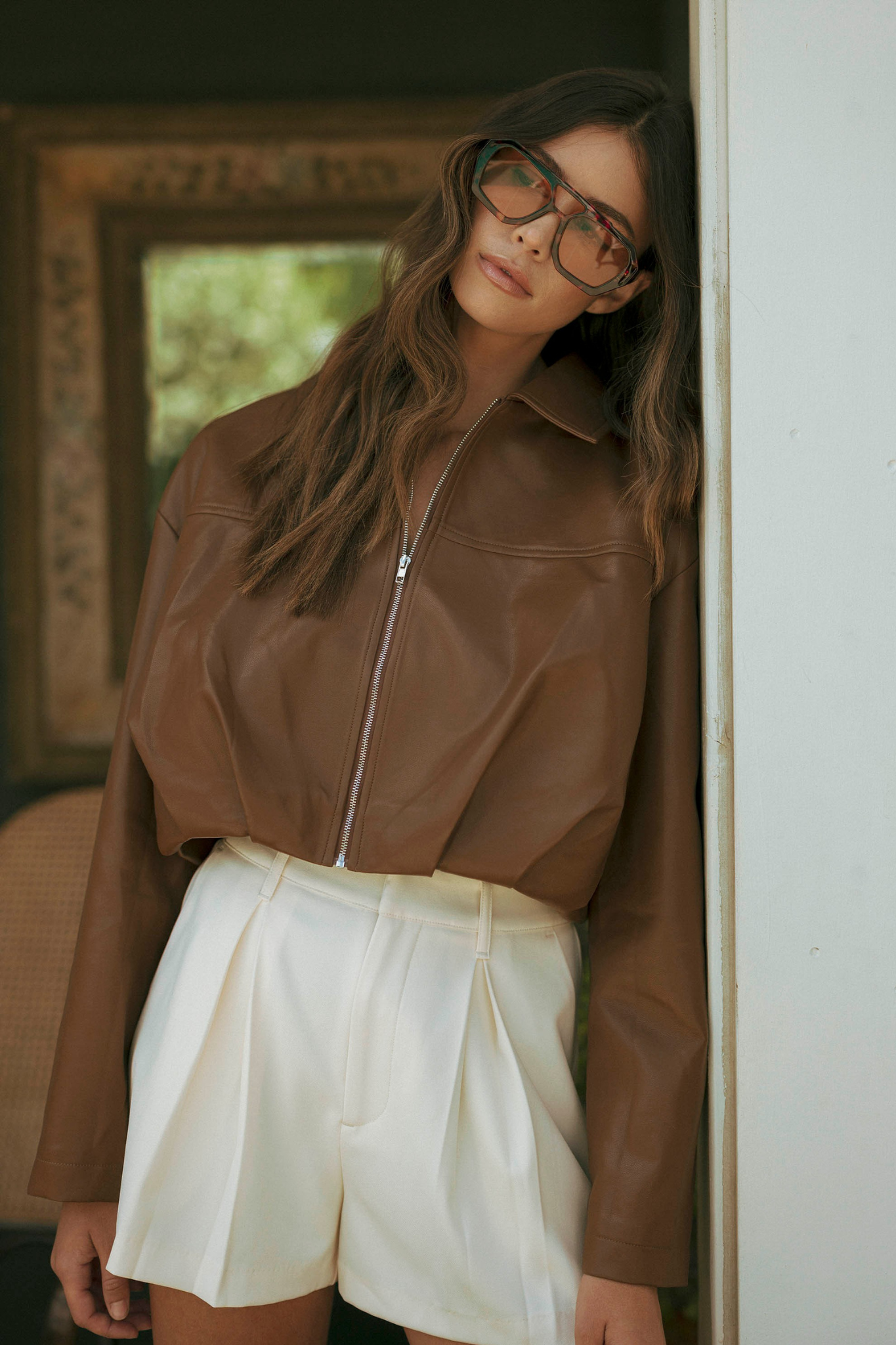 Pleated Cropped Jacket in Brown