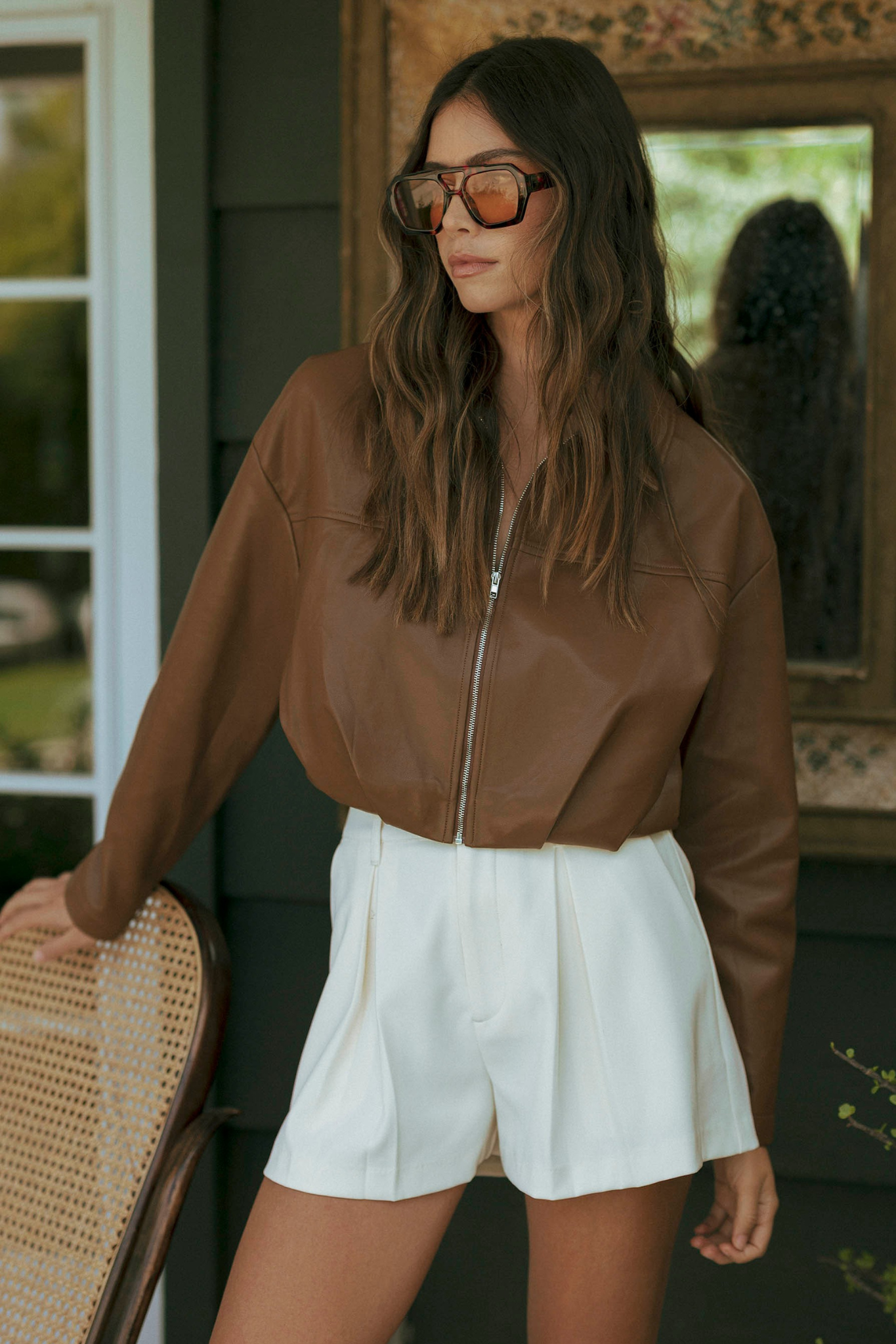 Pleated Cropped Jacket in Brown