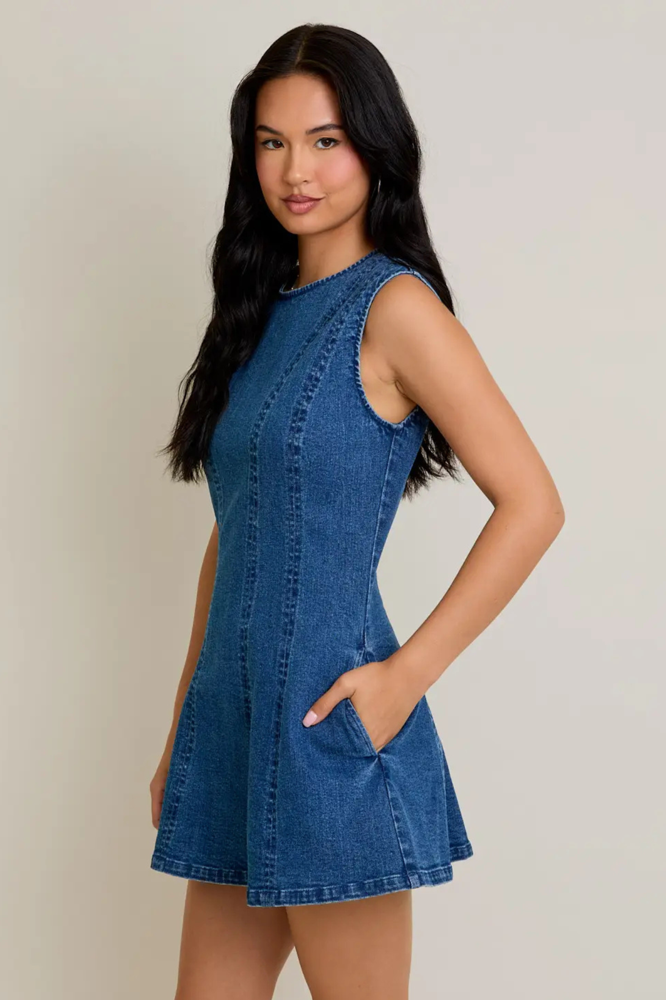 Le Lis: Round Neck Sleeveless Denim Dress Denim / M